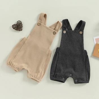 Летняя одежда для новорожденных, Повседневные ползунки для маленьких девочек и мальчиков, Однотонные шорты на подтяжках без рукавов с карманами.