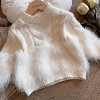 Вязаный свитер принцессы из искусственного меха для маленьких девочек, зимний осенний пуловер для малышей, мягкий теплый однотонный свитер, верхняя одежда для малышей от 1 до 10 лет