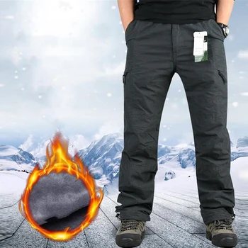 Осенне-зимние мужские уличные брюки из хлопчатобумажного флиса, теплые ветрозащитные дышащие брюки, мужские Походные брюки-карго с несколькими карманами