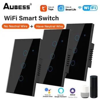 AUBESS Tuya WiFi США ЕС Умный сенсорный выключатель света 1/2/3/4 группы Настенная кнопка 