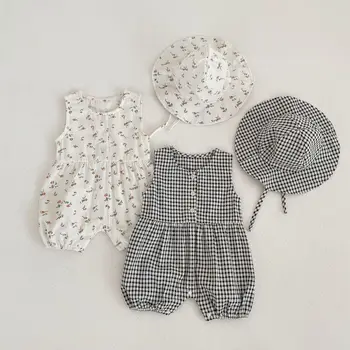 Летняя одежда для маленьких девочек, комбинезоны для новорожденных девочек, ползунки без рукавов с цветочным рисунком + шапочка, Детская одежда для младенцев