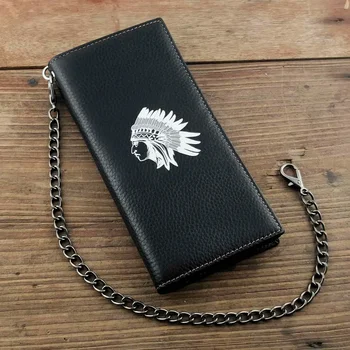 Кожаный бумажник с дизайном головы вождя племени байкеров, мужской кошелек для карт с цепочкой