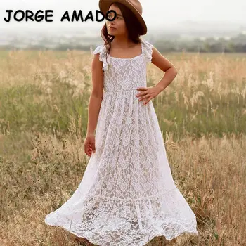 Новые летние вечерние платья для девочек-подростков с расклешенными рукавами, белая кружевная юбка в пол, платье принцессы трапециевидной формы, официальная одежда H001